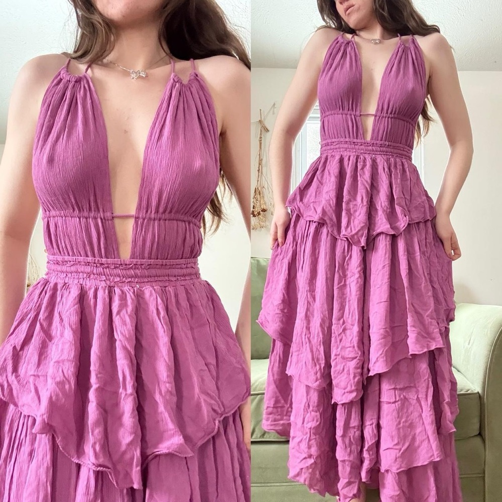 Free People Maxi Tiered Ruffled Halter Dress - Mauve Purple NWT $128 (sold out)